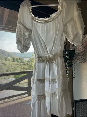 White Boho Peasant Dress with Tie Waist